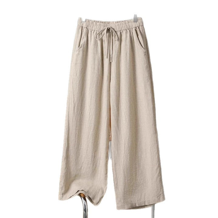 Pantaloni a gamba larga elastici casual in lino di cotone tinta unita