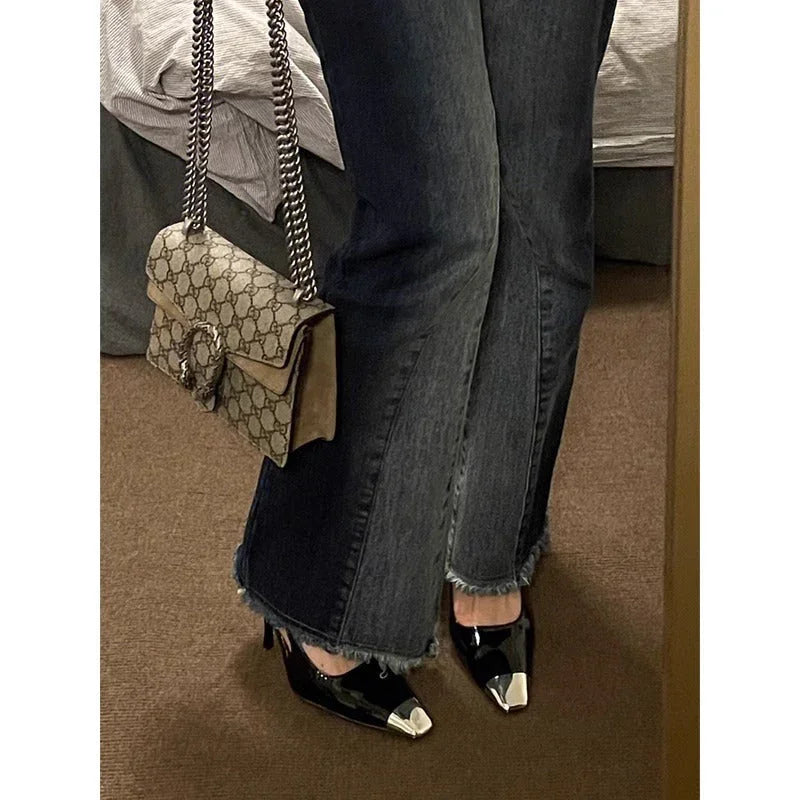 Women's Metal Square Toe Fine Heel With Black Sandals - VAleG