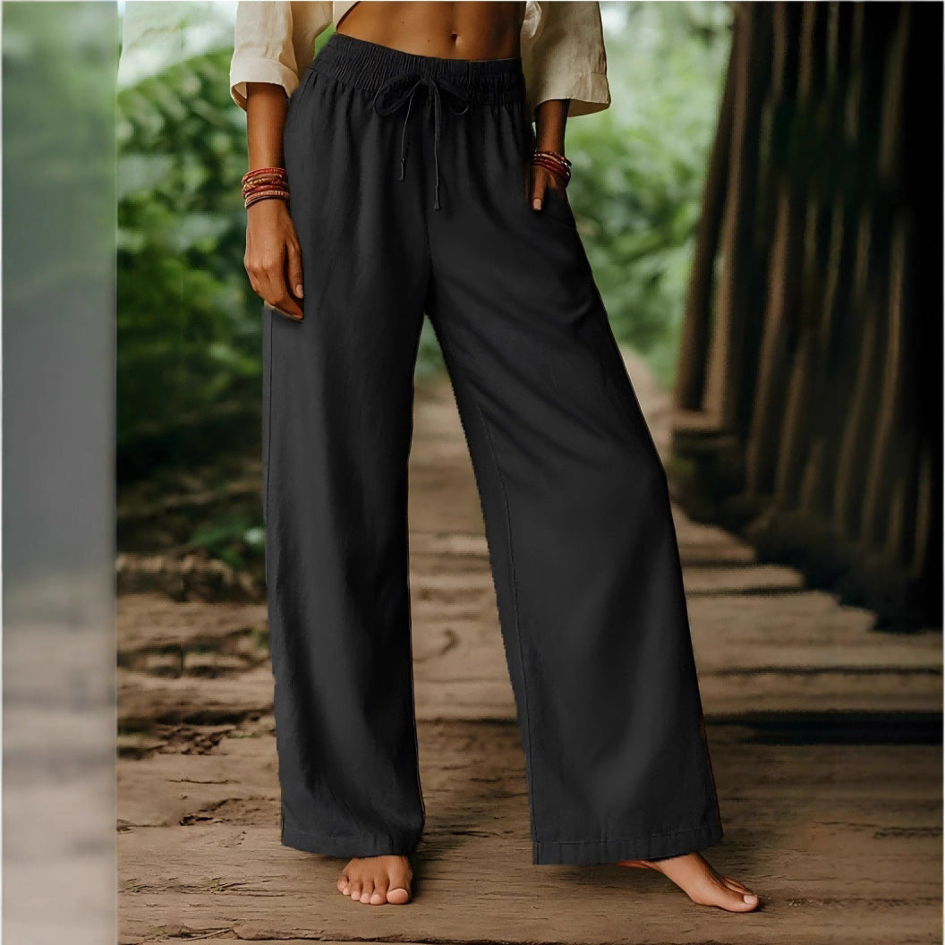 Pantaloni a gamba larga elastici casual in lino di cotone tinta unita