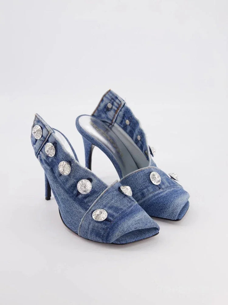 Women's Stiletto Heel Square Toe Denim Metal Rivet Slippers - VAleG
