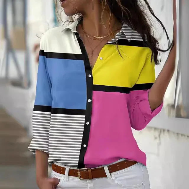 Long Sleeve Button Loose Geometric Digital Printing Shirt - VAleG