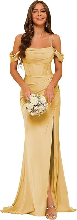 Off-the-shoulder Satin Bridesmaid Corset Ball Gown - VAleG