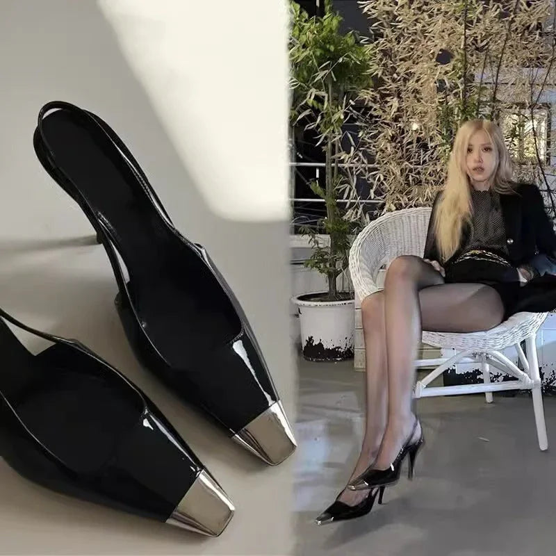 Women's Metal Square Toe Fine Heel With Black Sandals - VAleG