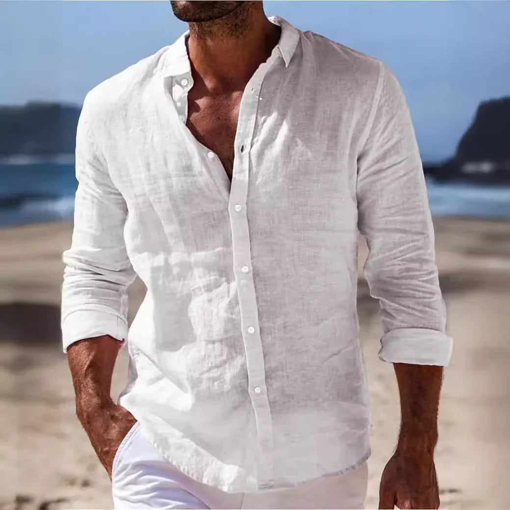 Men's Casual Cotton And Linen Solid Color Shirt - VAleG