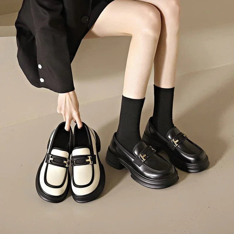Chunky Heel Fashion Round Toe All-matching Casual Leather Shoes - VAleG
