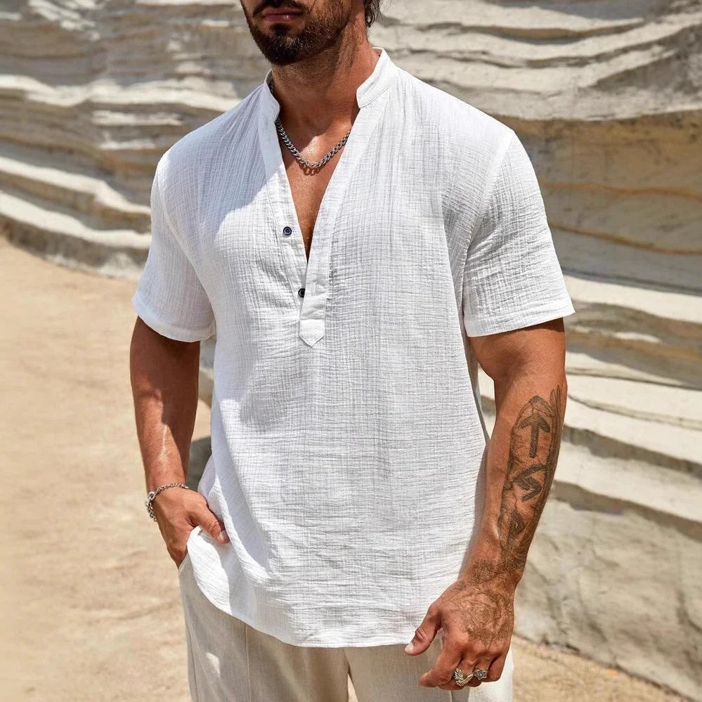 Men's Single-layer Solid Color Breathable Stand Collar Short-sleeved Shirt - VAleG