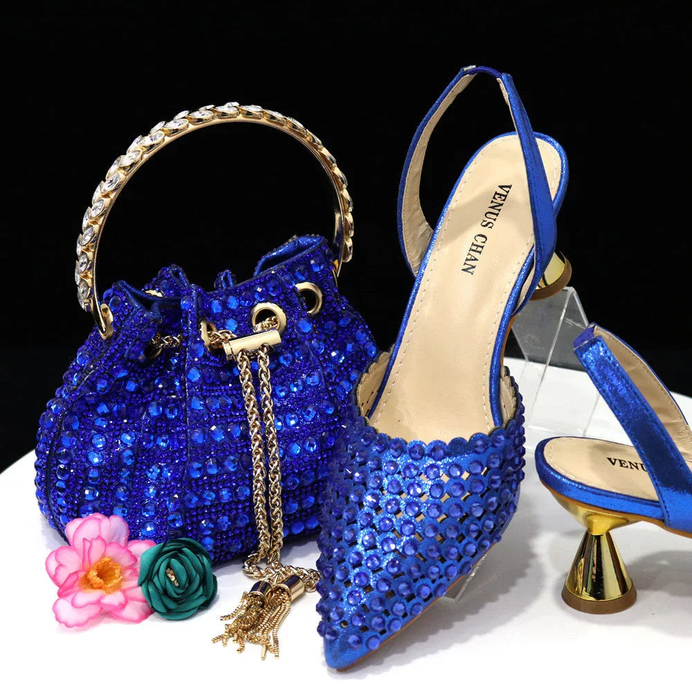 Colorful Stone Bucket Handbag With Pointed Toe Women's Pumps Middle Heel - VAleG