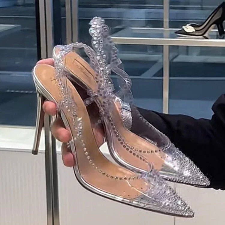 Rhinestone Pointed Toe Low-cut High Heels Rear Empty Stiletto Heel Pumps - VAleG