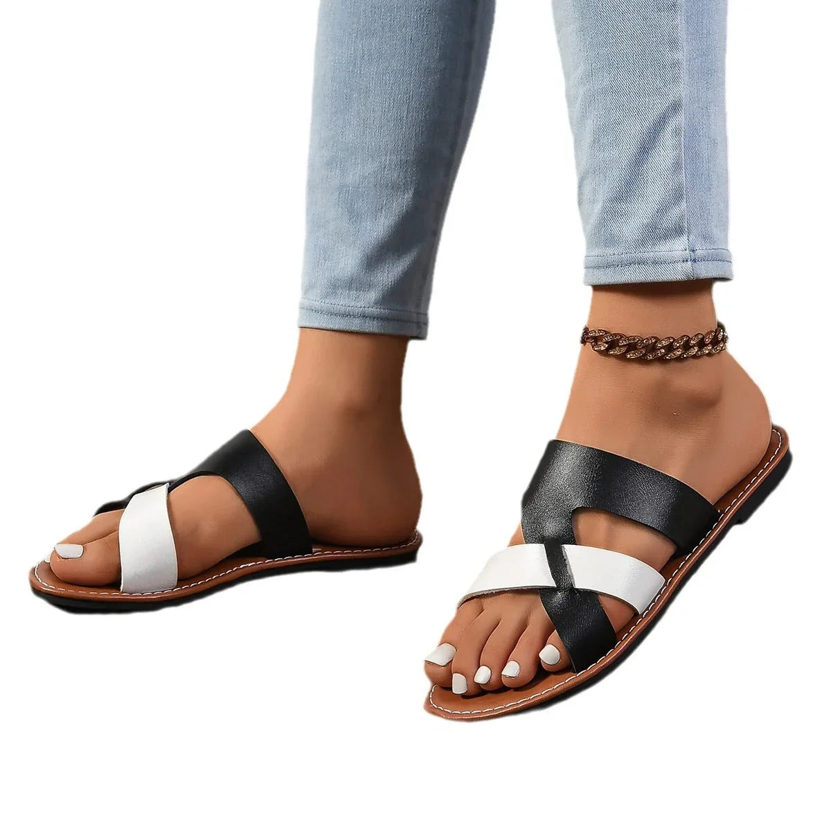 Round Toe Color-blocking One-word Women's Fashion Plus Size Platform Slippers - VAleG