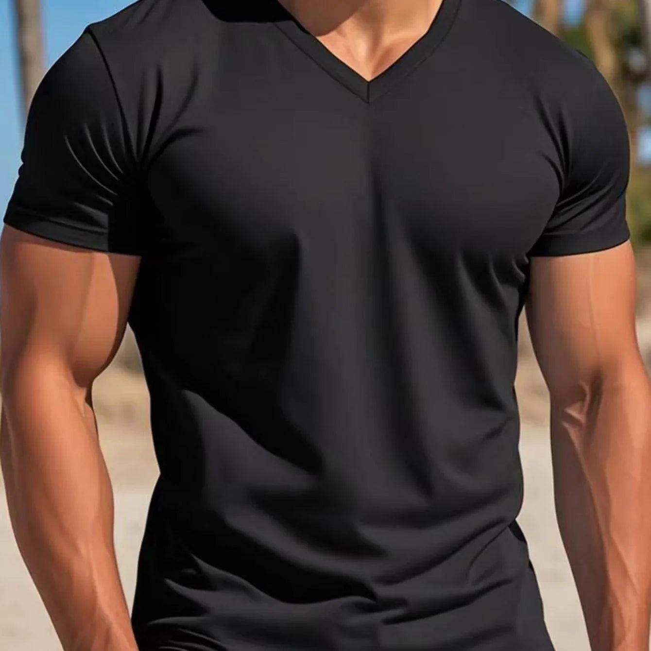 Men's V-neck T-shirt Smooth Black - VAleG