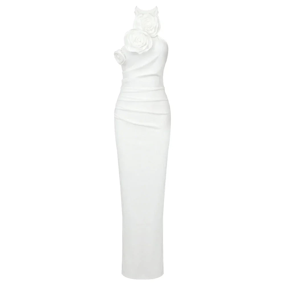 New Style White Ribbon Flower Halter Long High Sense Dress - VAleG