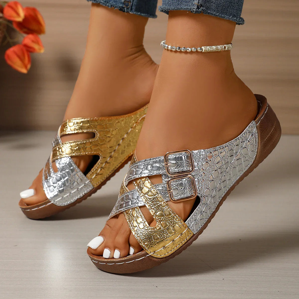 Women's European And American Color Matching Belt Buckle Sandals - VAleG