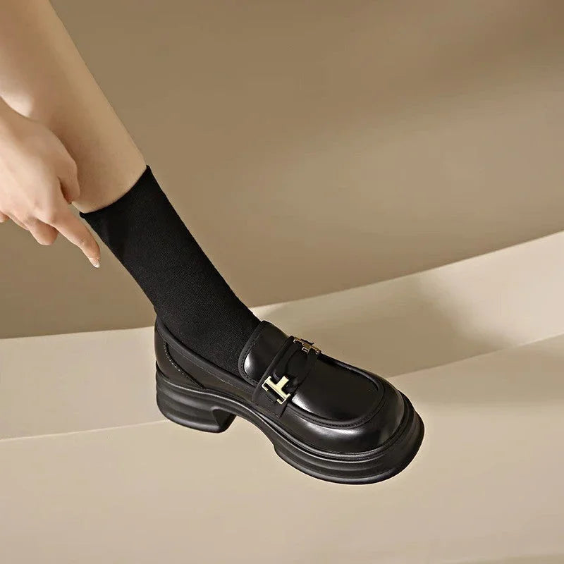 Chunky Heel Fashion Round Toe All-matching Casual Leather Shoes - VAleG