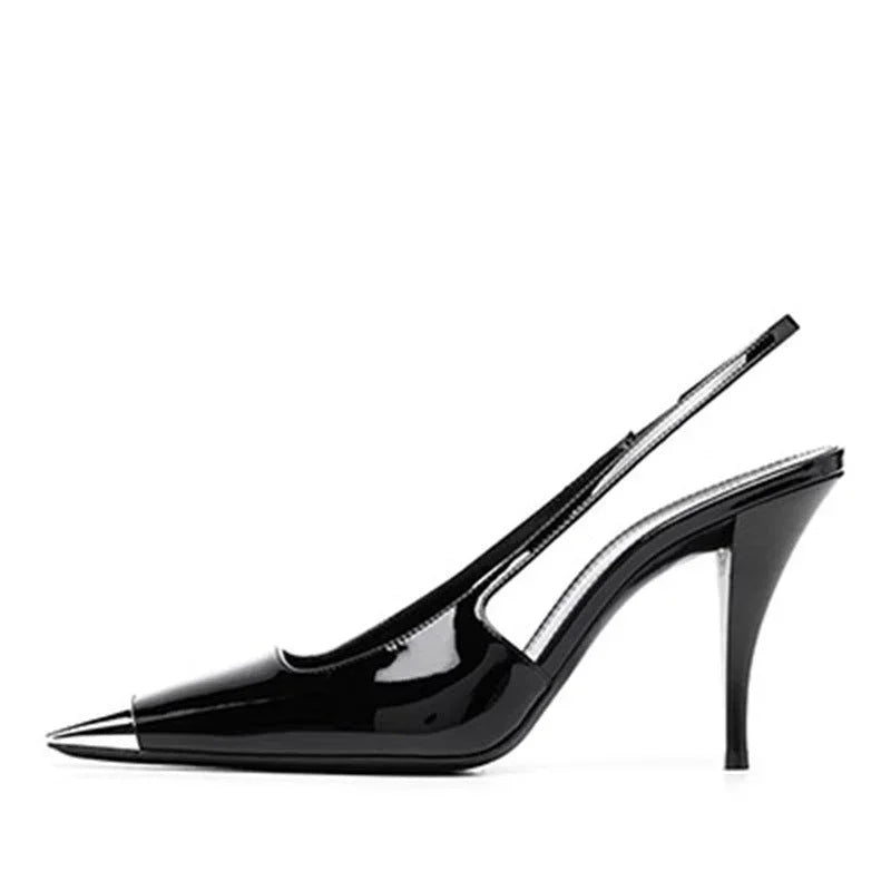 Women's Metal Square Toe Fine Heel With Black Sandals - VAleG