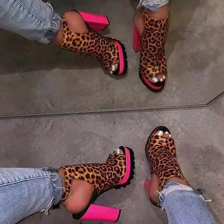 Fashion Leopard Fish Mouth Super High Heel Sandals - VAleG