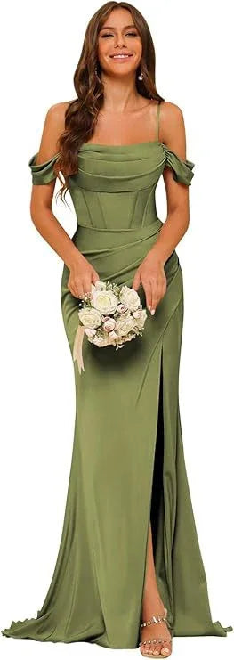 Off-the-shoulder Satin Bridesmaid Corset Ball Gown - VAleG