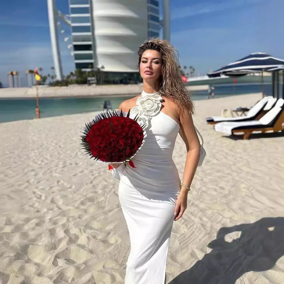 New Style White Ribbon Flower Halter Long High Sense Dress - VAleG