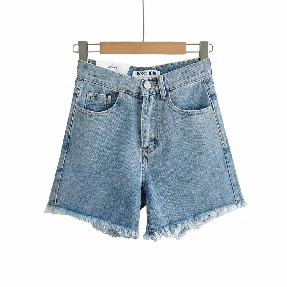 High Waist Slimming Frayed Hand Frayed Denim Shorts - VAleG