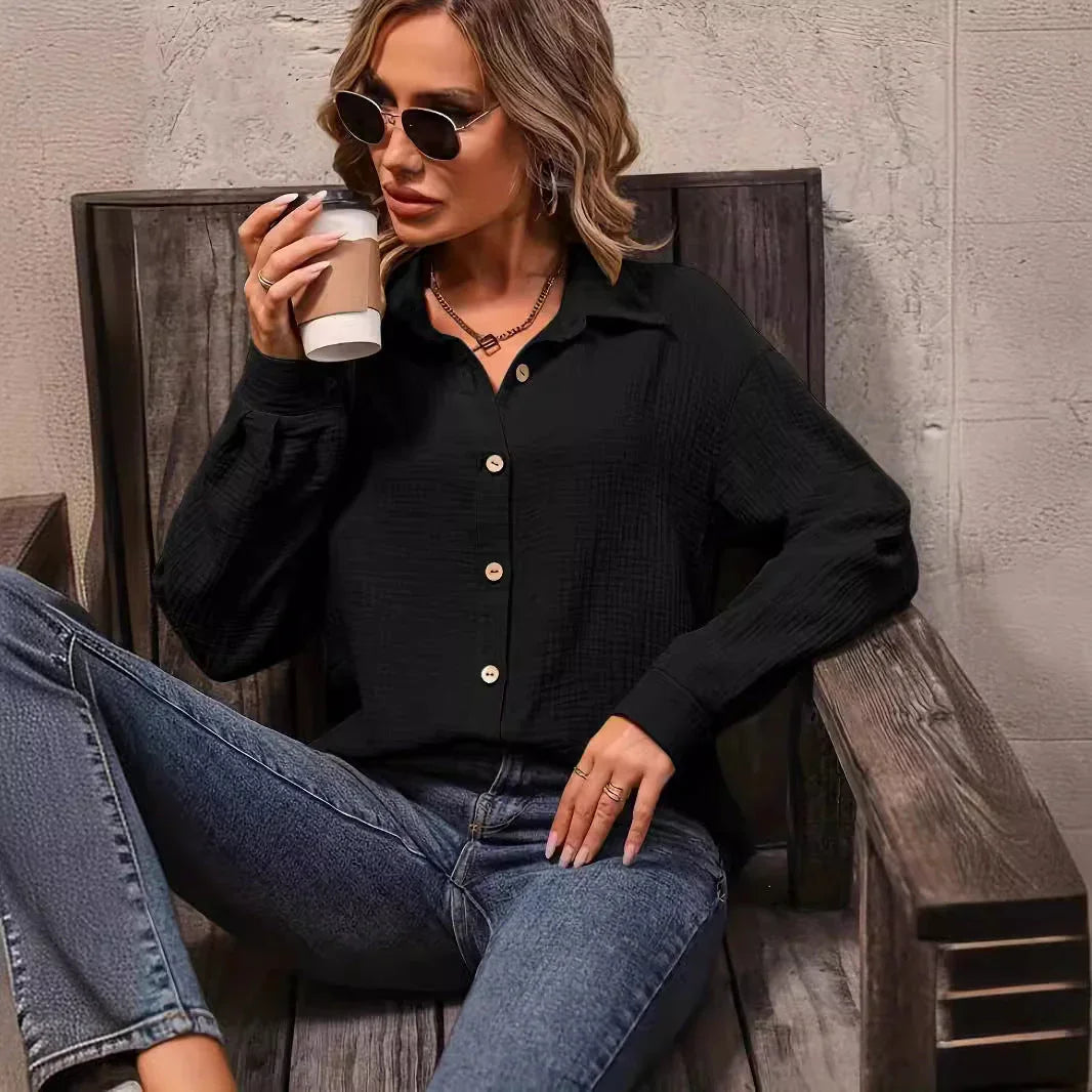 Women's Solid Color Front Button Drop Shoulder Shirt Women's - VAleG