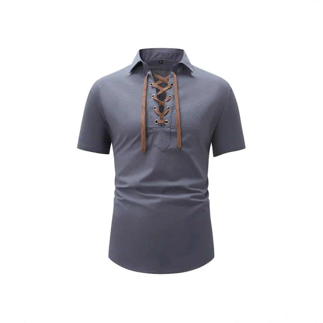 European And American Men's Cotton And Linen Lapel Loose V-neck Lace Shirt - VAleG