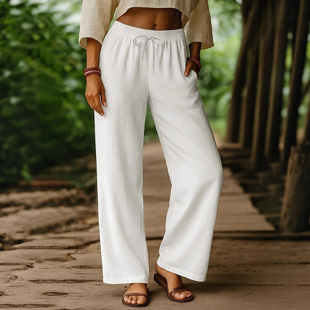 Pantaloni a gamba larga elastici casual in lino di cotone tinta unita