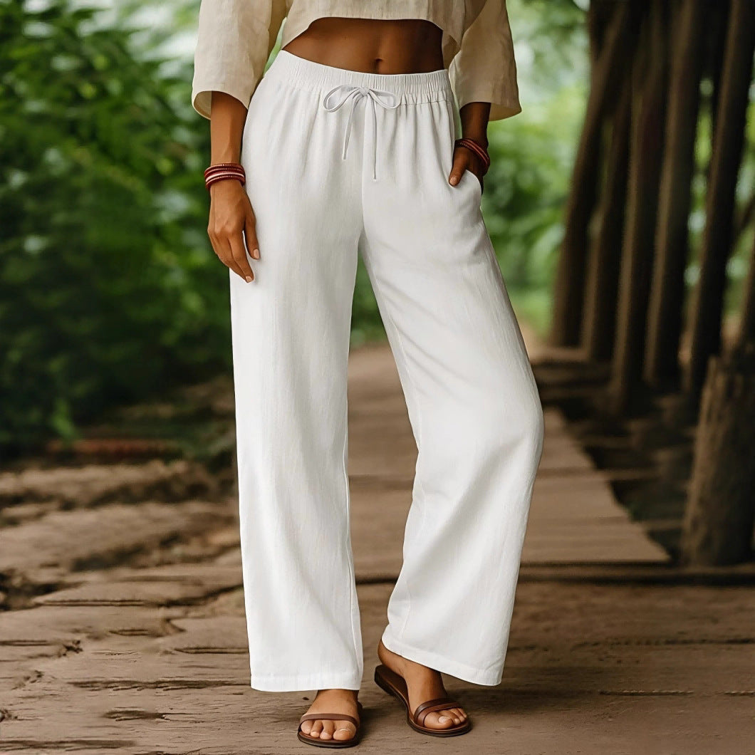 Pantaloni a gamba larga elastici casual in lino di cotone tinta unita