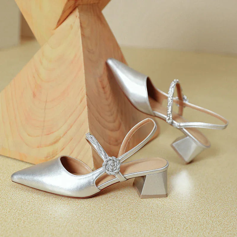 Chunky Heel Silver With Pointed Toe High Heels - VAleG