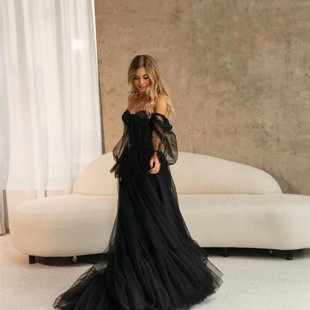 Women's Long Sleeve Transparent Lace Black Wedding Dress - VAleG