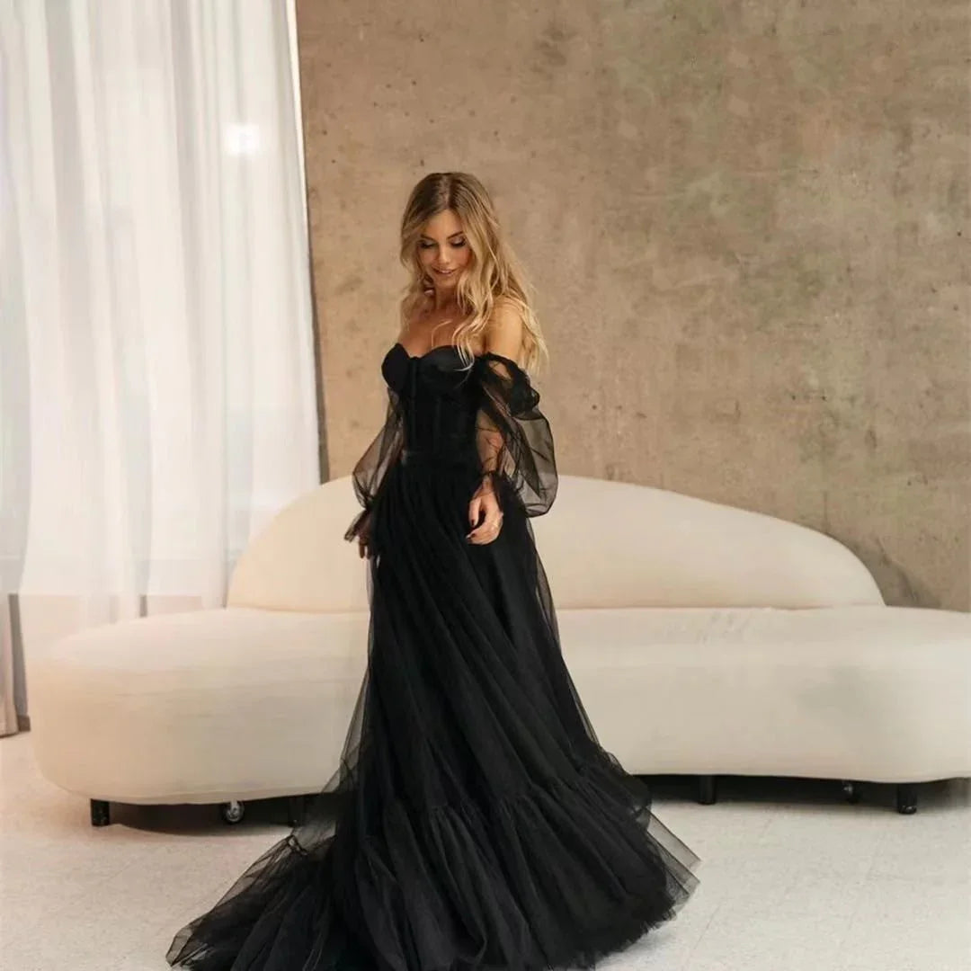 Women's Long Sleeve Transparent Lace Black Wedding Dress - VAleG