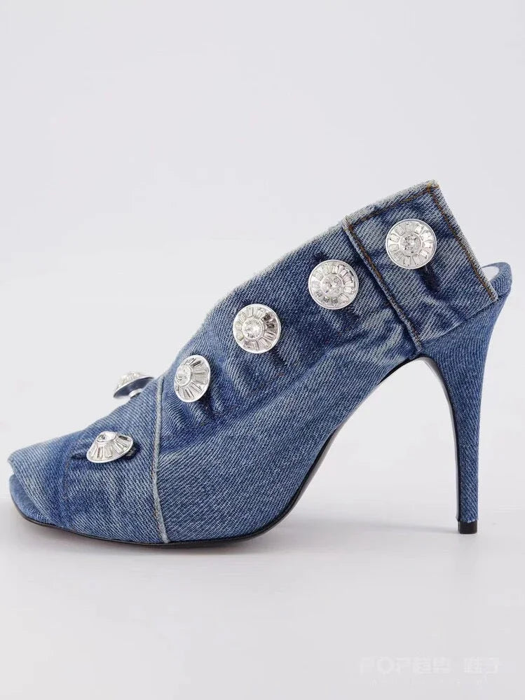 Women's Stiletto Heel Square Toe Denim Metal Rivet Slippers - VAleG