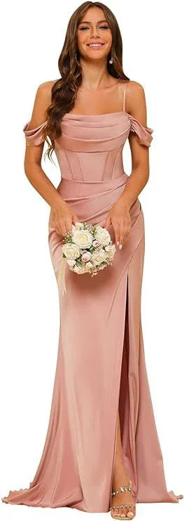 Off-the-shoulder Satin Bridesmaid Corset Ball Gown - VAleG