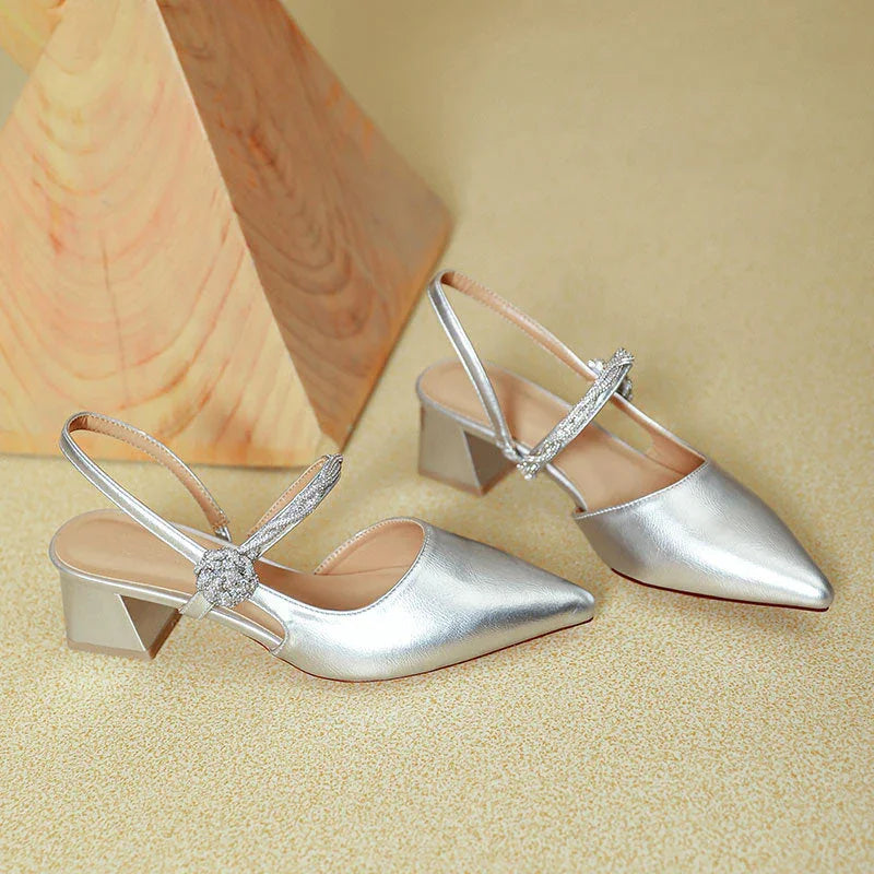 Chunky Heel Silver With Pointed Toe High Heels - VAleG