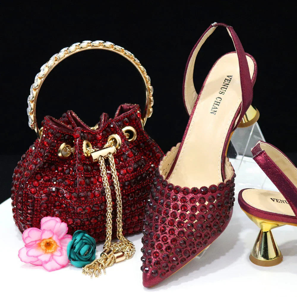Colorful Stone Bucket Handbag With Pointed Toe Women's Pumps Middle Heel - VAleG