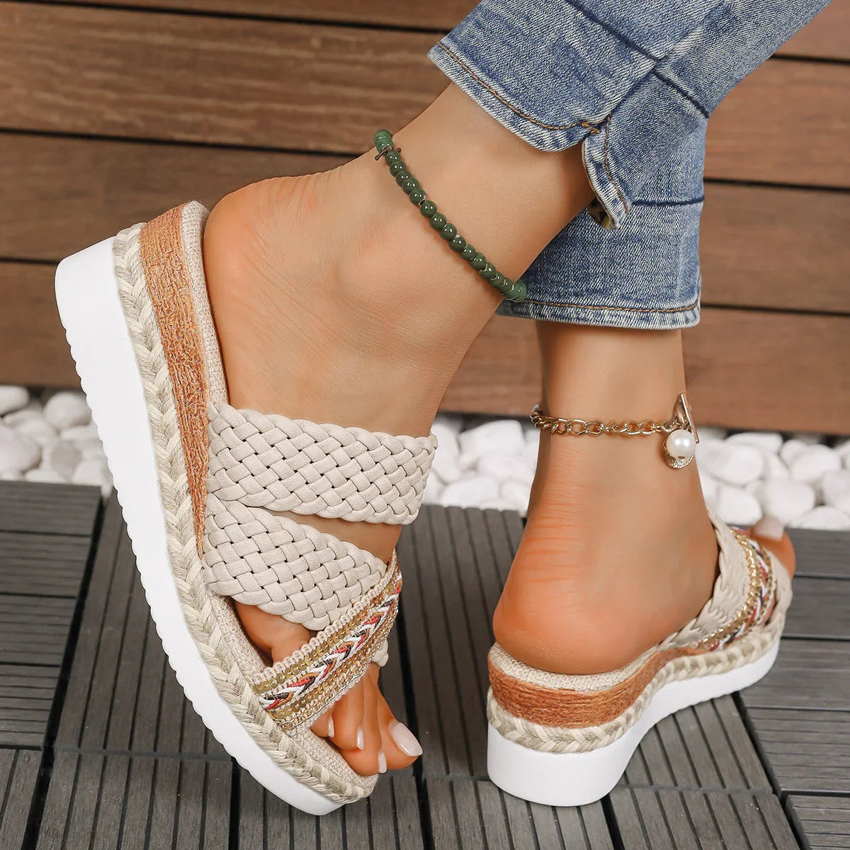 Thick Bottom Ladies Hemp Rope Woven Casual Slippers - VAleG