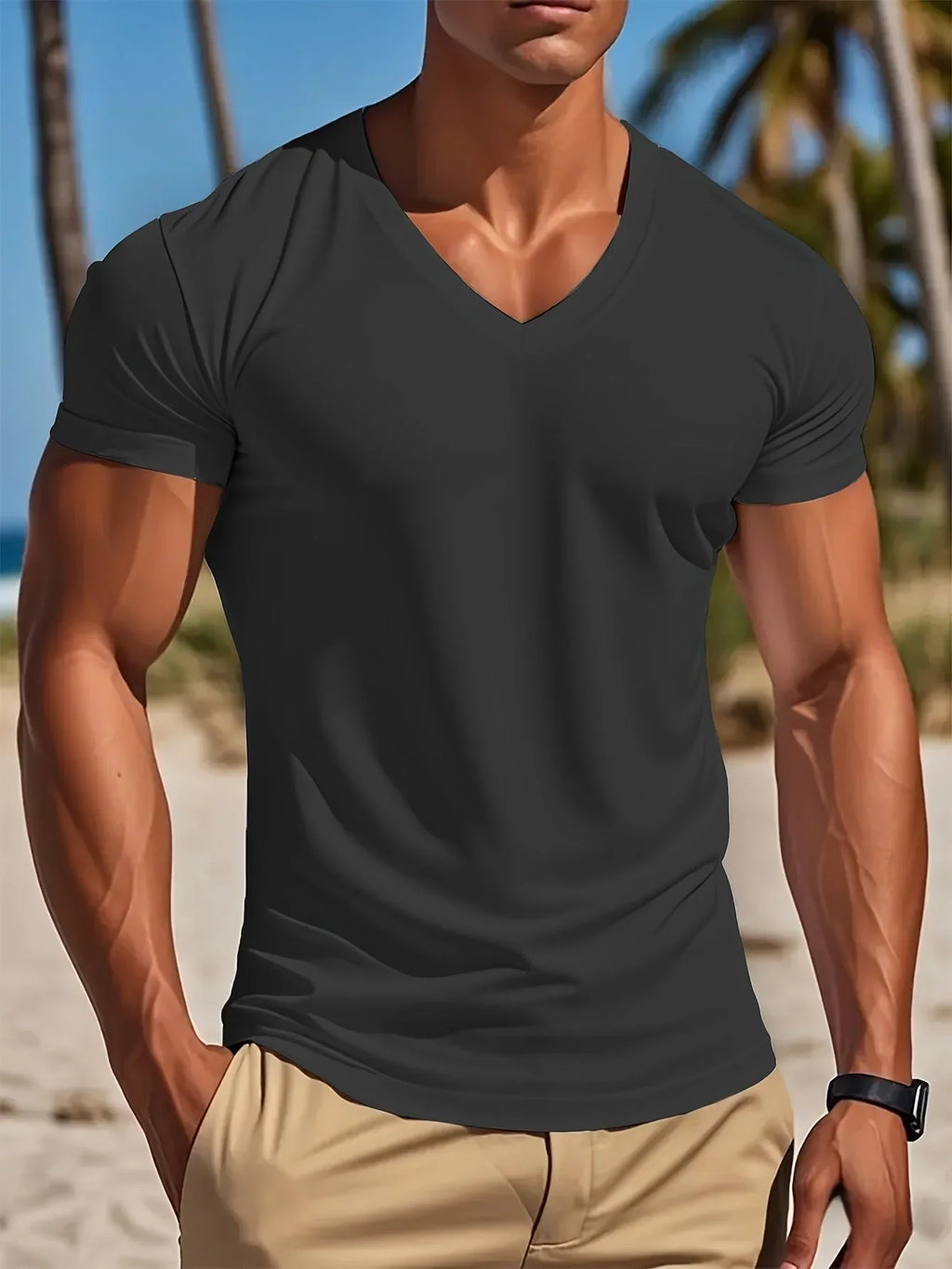 Men's V-neck T-shirt Smooth Black - VAleG