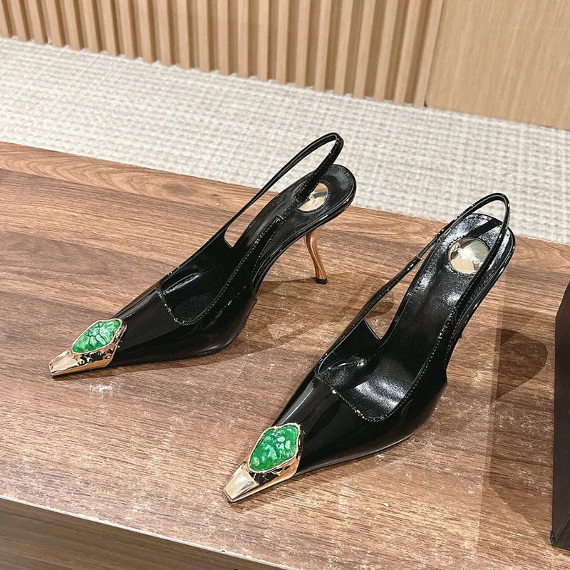 Gem Square Toe Stiletto Heel Hollow High Heel Shoes - VAleG