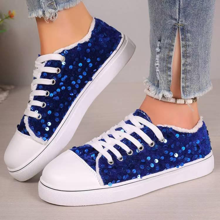 Fashion Round Toe Flat Bottom Lace-up Sequins Casual Pumps - VAleG