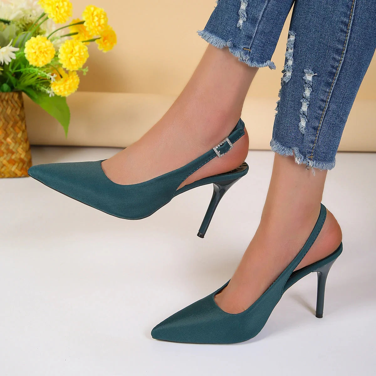 High Heel Sandals Closed Toe Back Empty Back Strap Shallow Mouth - VAleG