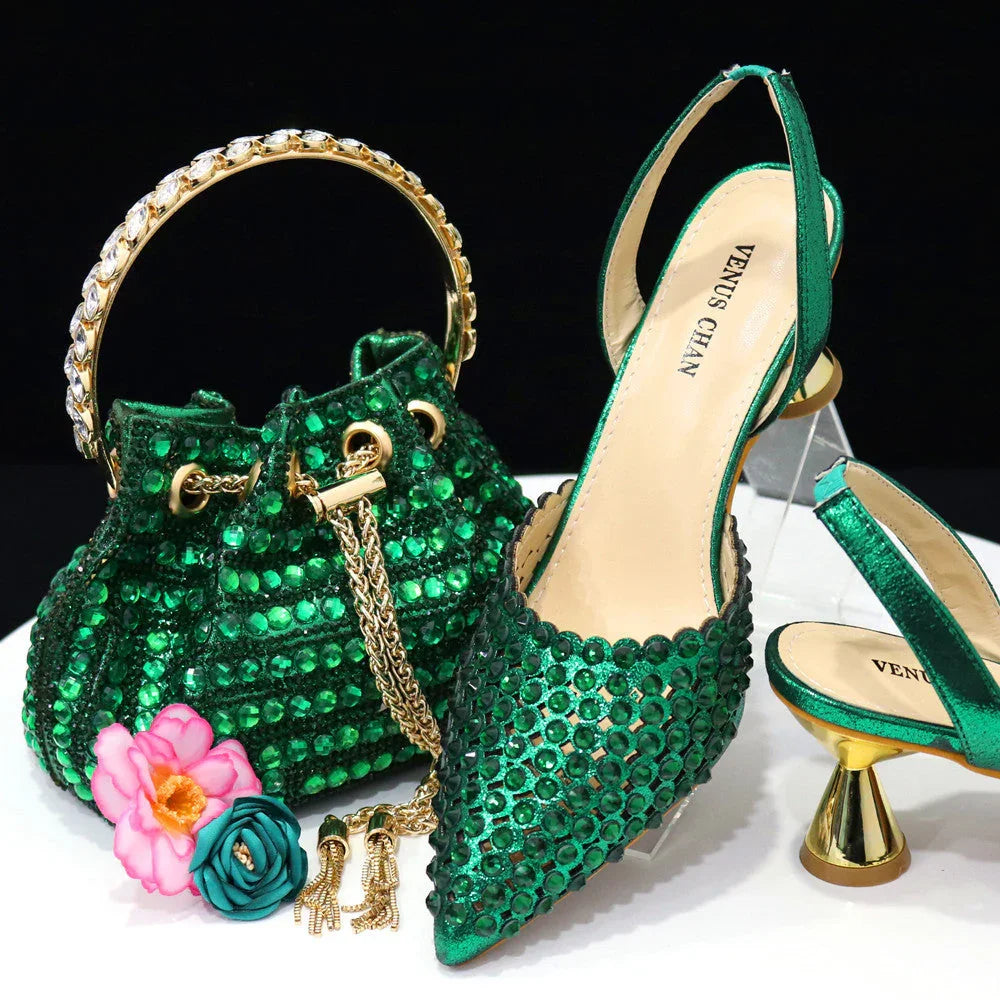 Colorful Stone Bucket Handbag With Pointed Toe Women's Pumps Middle Heel - VAleG