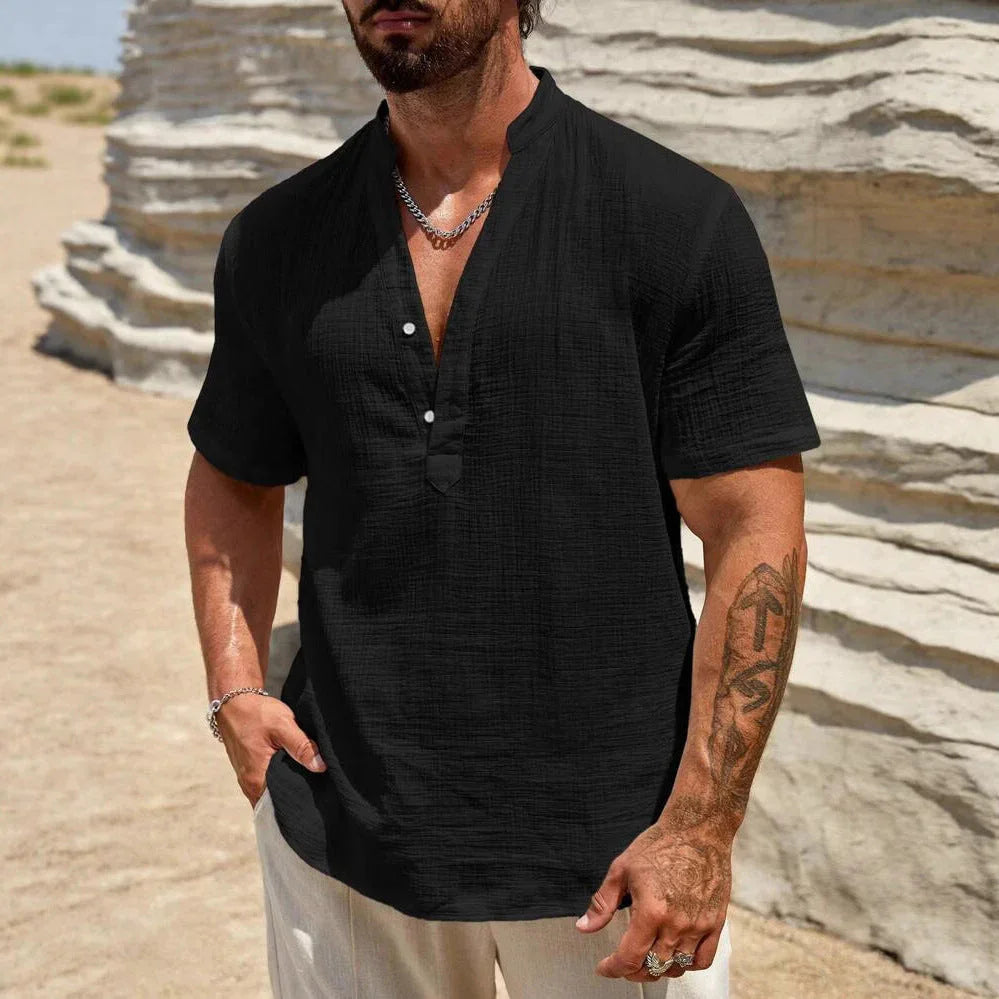 Men's Single-layer Solid Color Breathable Stand Collar Short-sleeved Shirt - VAleG