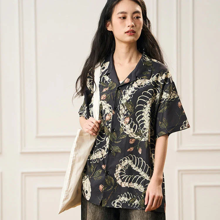 Original Designer Snake Bone Theme Pattern Printed Short Sleeve Cuban Collar Shirt - VAleG
