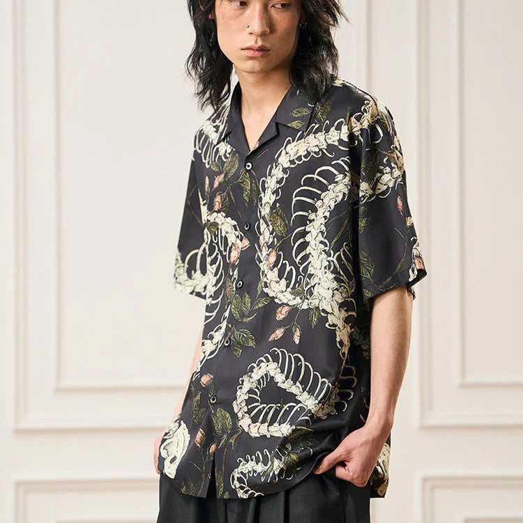 Original Designer Snake Bone Theme Pattern Printed Short Sleeve Cuban Collar Shirt - VAleG