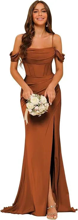 Off-the-shoulder Satin Bridesmaid Corset Ball Gown - VAleG