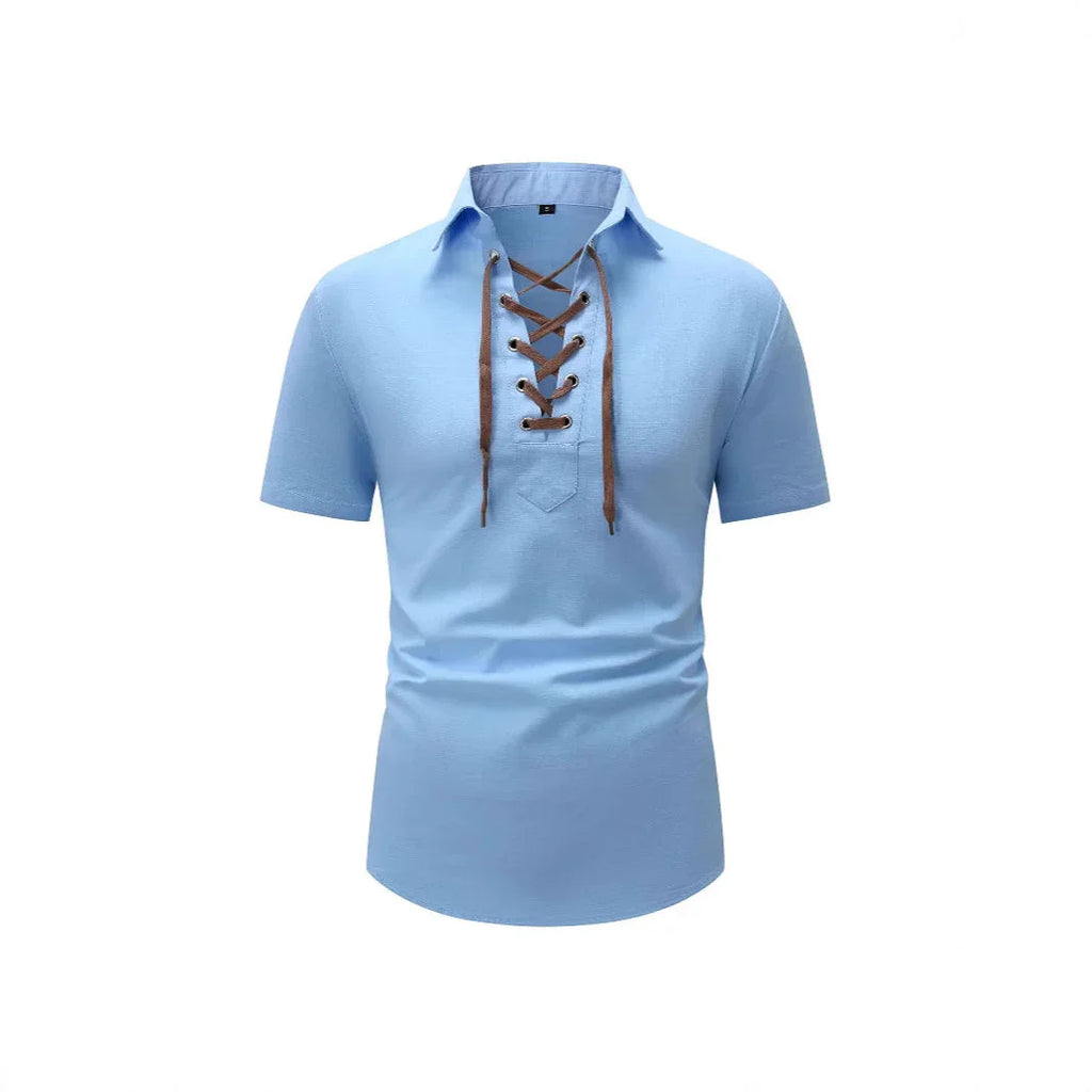 European And American Men's Cotton And Linen Lapel Loose V-neck Lace Shirt - VAleG