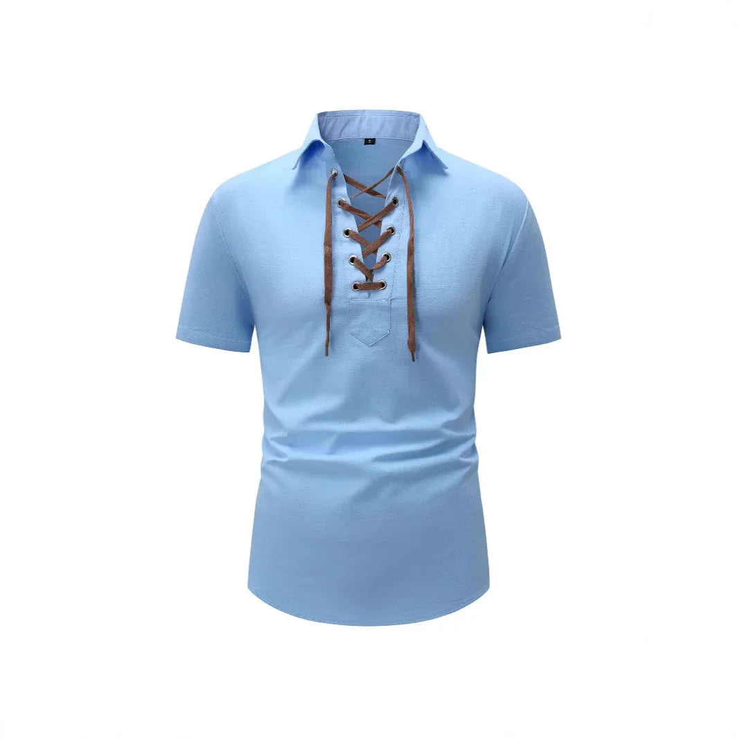 European And American Men's Cotton And Linen Lapel Loose V-neck Lace Shirt - VAleG