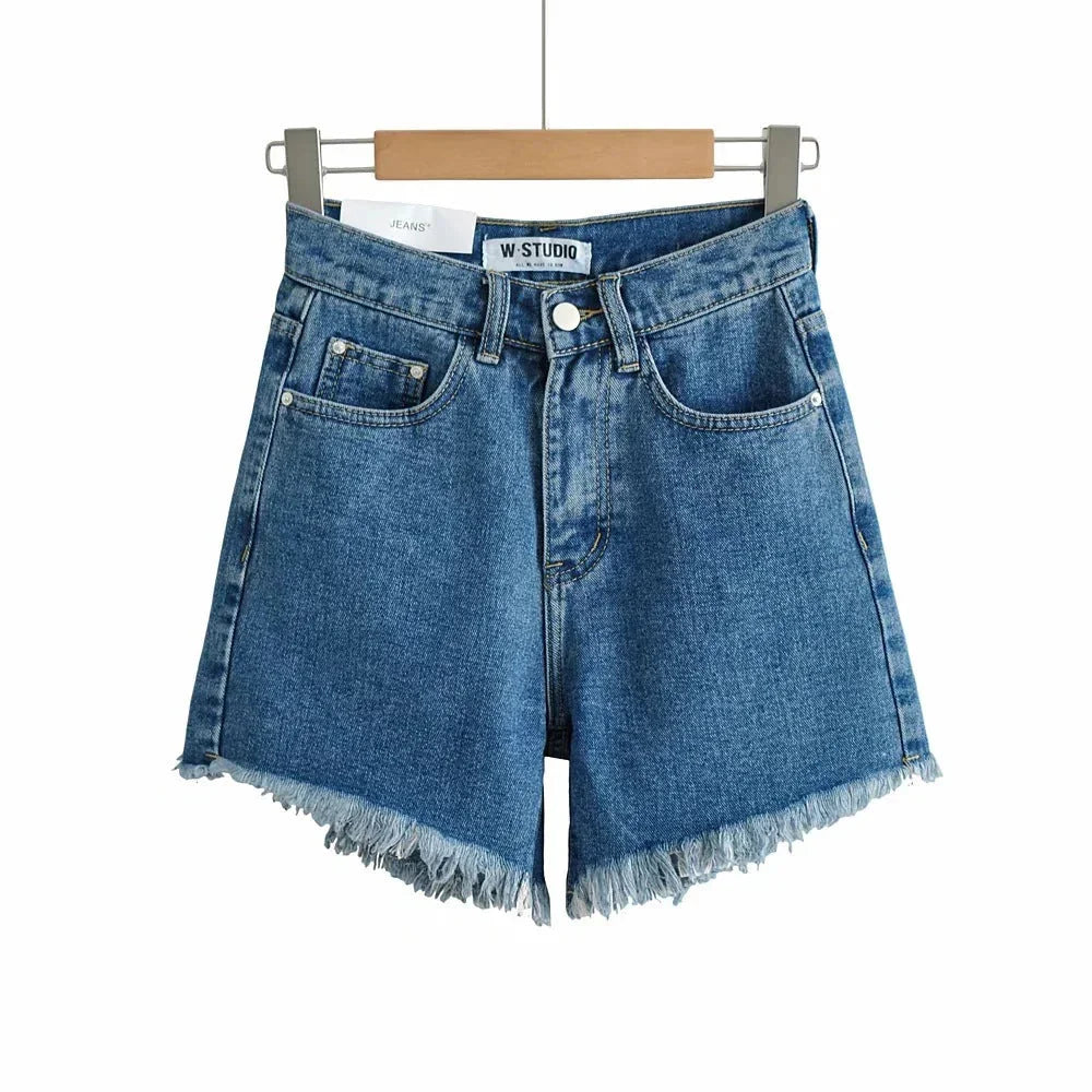 High Waist Slimming Frayed Hand Frayed Denim Shorts - VAleG