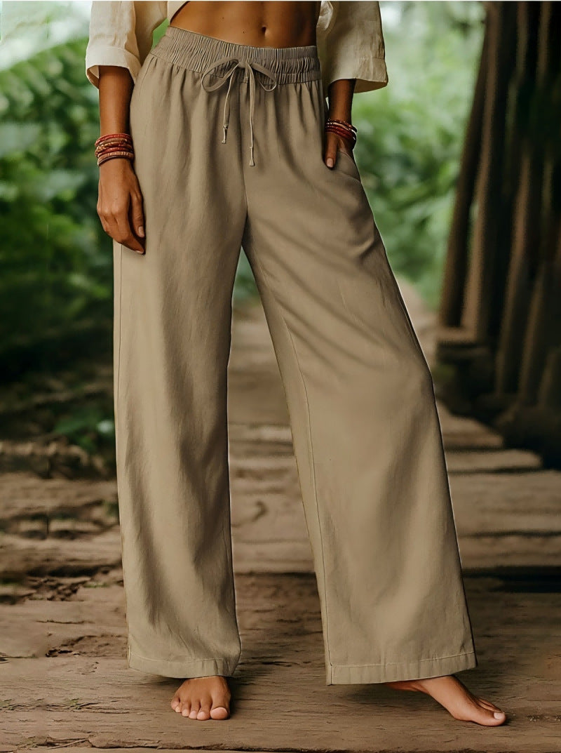 Pantaloni a gamba larga elastici casual in lino di cotone tinta unita