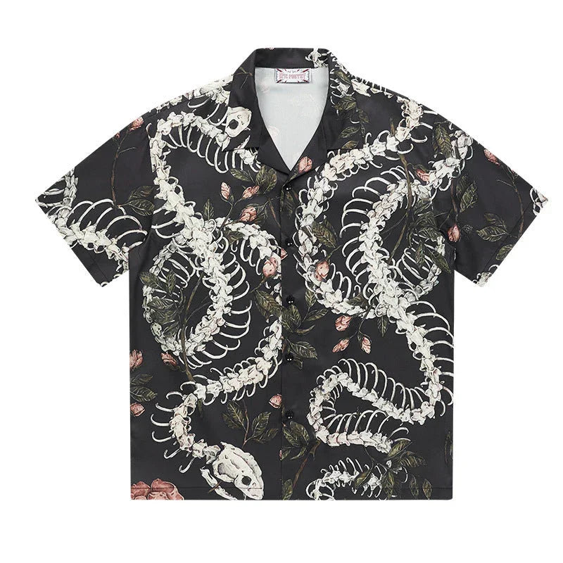 Original Designer Snake Bone Theme Pattern Printed Short Sleeve Cuban Collar Shirt - VAleG