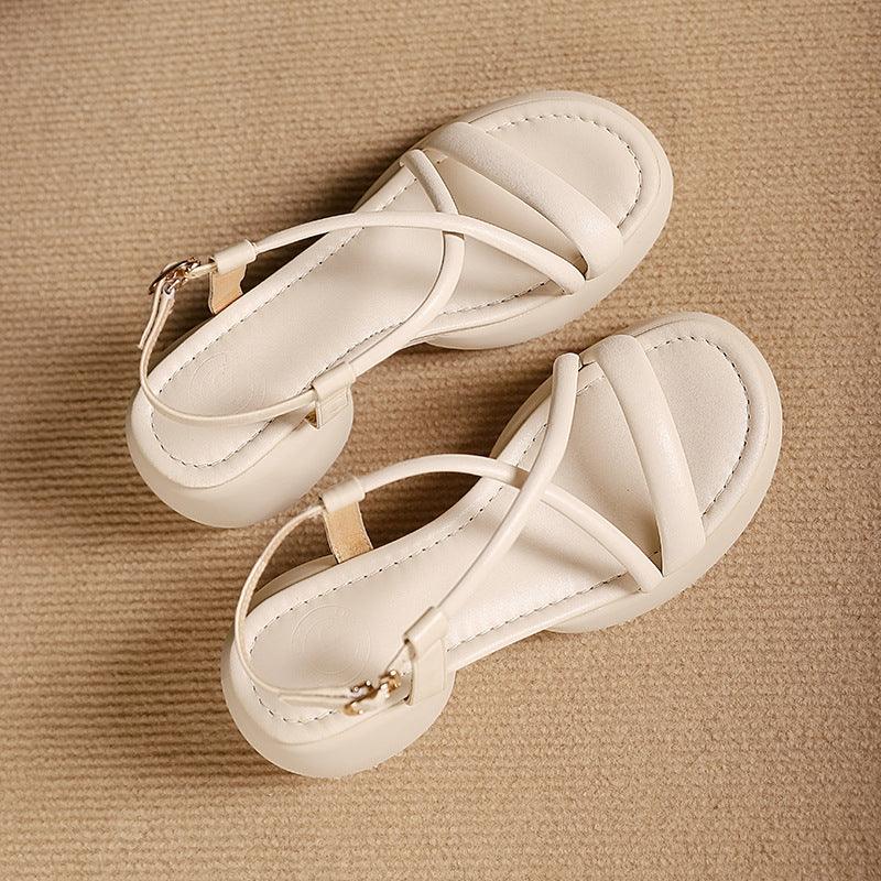 Round Head Chunky Heel Fashion Thin Strap Woven Sandals - VAleG