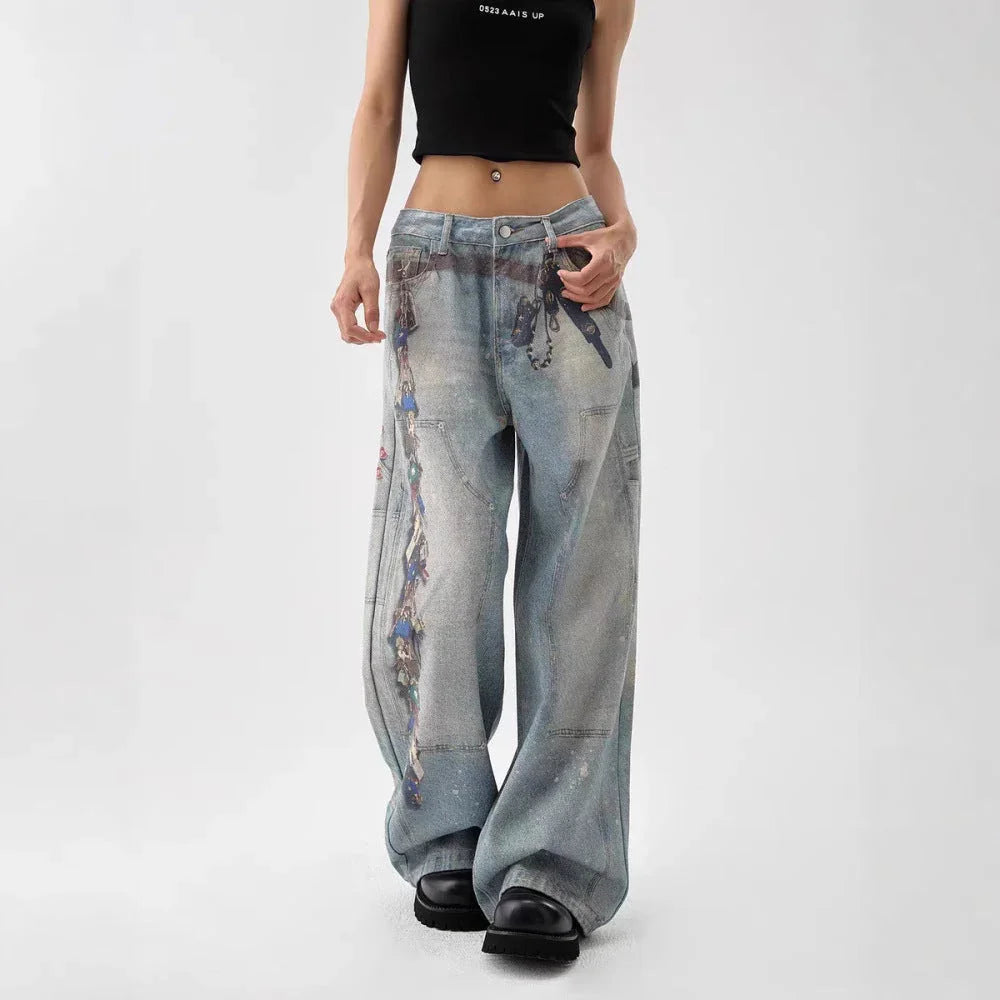 Women's American-style Retro 3D Printed Washed Wide-leg Pants - VAleG
